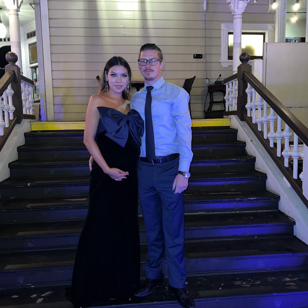 Blue and black bow gown